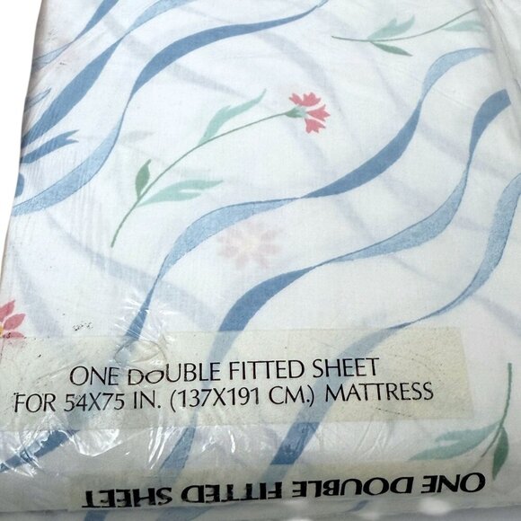 Vintage Fitted Sheet Full Size Blue Bow Floral by Danville No Iron Percale - Picture 4 of 7